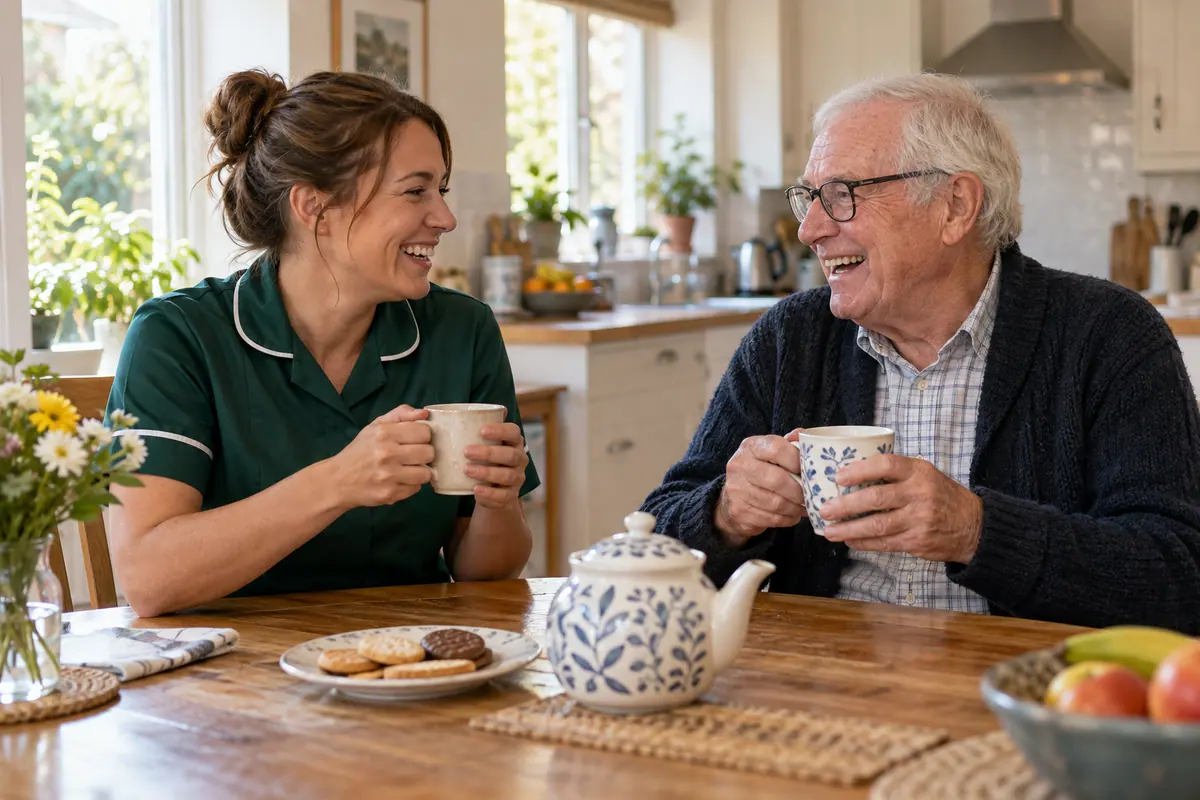 A carer and an older man enjoying a friendly conversation over tea