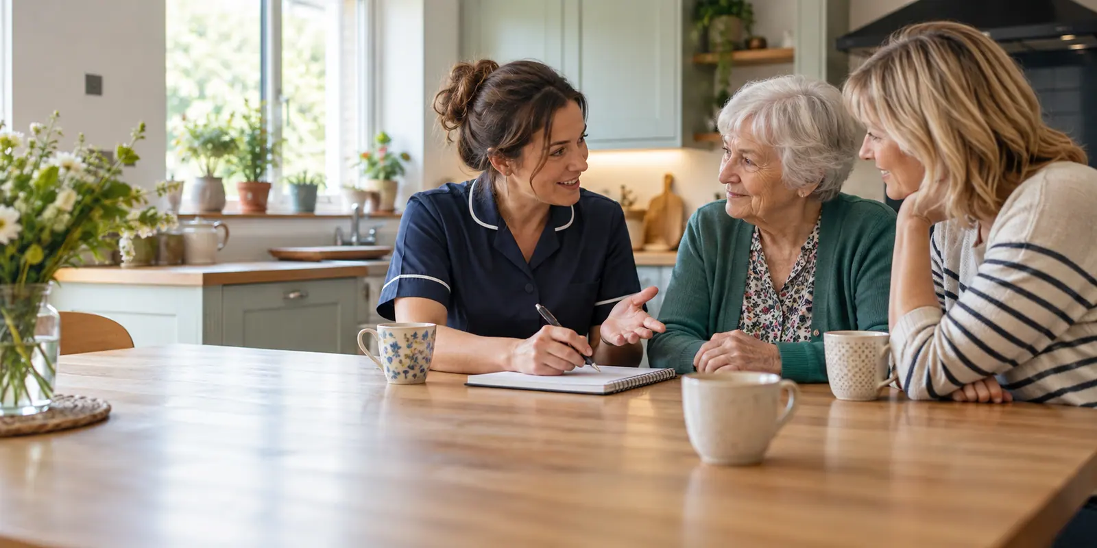 A carer discussing a personalised care plan with an older adult and a family member