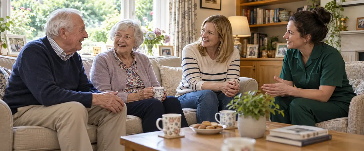 A family and home carer sharing a relaxed conversation