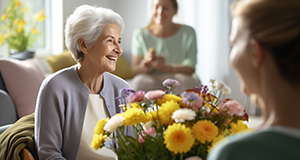 a lady smiling in a home with a bunch of flowers in front of her