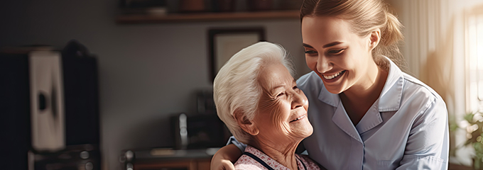 a nurse embracing an elderly lady in her home